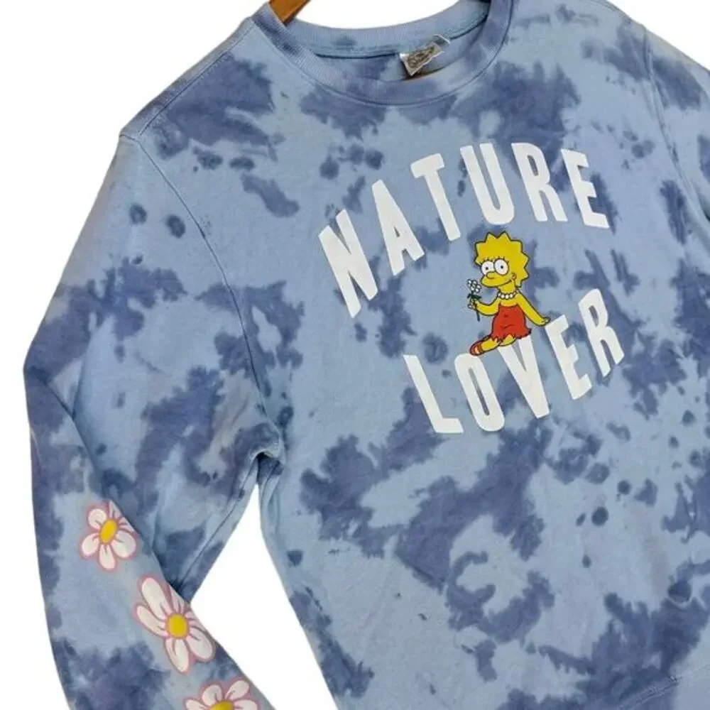 Lisa Simpson Nature Lover Graphic Pullover Sweatshirt Womens MEDIUM Blue Tie-Dye